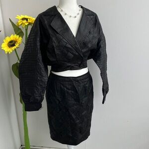 Vintage 80s Black Silk Woven Bomber Jacket & Yoked Pencil Skirt Edgy Power Suit